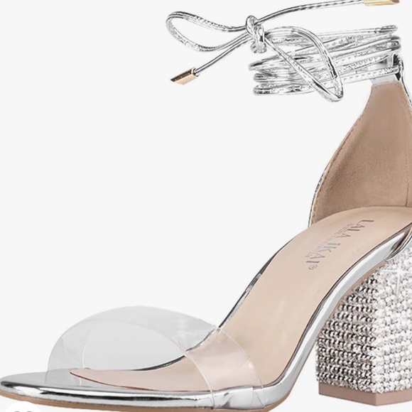 LALA IKAI Women's Heels Sandals with Rhinestone Strappy Open Toe Clear Block - Picture 4 of 8